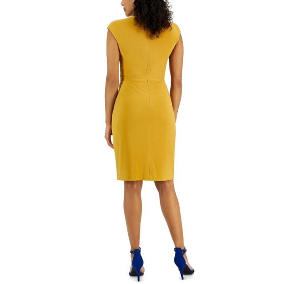 Kasper Colorblocked Blue and Gold Faux-Wrap Cap-Sleeve Dress NWT - Picture 2 of 7